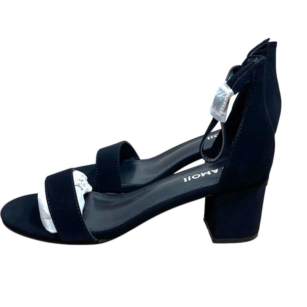 Amoji Women's Low 2.5" Chunky Heel Sandal Black Open Toe Wedding Party Sz 8.5
